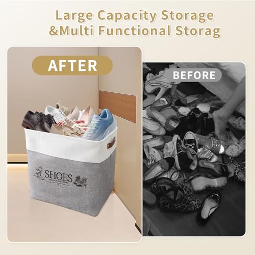 Shoe Basket Organizer, Large Capacity Fabric Entryway Shoe Storage Bin with Handle, Flodable Space-Saving Shoe Basket for Entryway, Hallway, Entryway and Mudroom - color: Gray, style: Leather Buckle