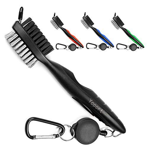 Yoport® Golf Club Brush and Club Groove Cleaner 2 Ft Retractable Zip-line Aluminum Carabiner, Lightweight and Stylish, Ergonomic Design, Easily Attaches to Golf Bag - color: Black+black