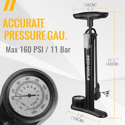 MOHEGIA Bike Floor Pump with Gauge: Air Bicycle Pump with High Pressure 160 PSI,Fits Schrader and Presta Valve -Inflator with Ball Pump Needles for MTB Road Bike, Ball, Balloon, Inflatables - color: black