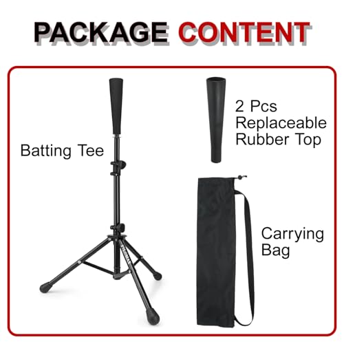 Batting Tee,Baseball Tee,Softball Tee, for Kids,Teens,Adults Baseball Hitting Practicing. Include 2 Pcs Replaceable Rubber Ball Seat and Carrying Bag.Adjustable Height - color: black