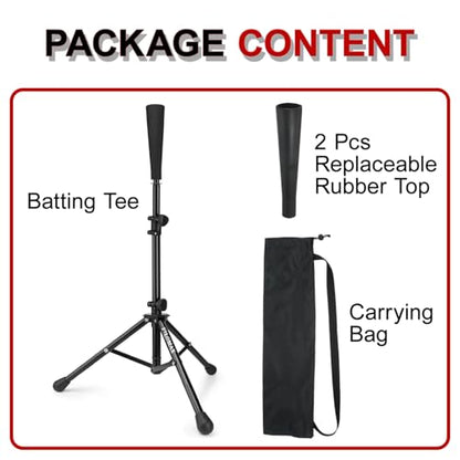 Batting Tee,Baseball Tee,Softball Tee, for Kids,Teens,Adults Baseball Hitting Practicing. Include 2 Pcs Replaceable Rubber Ball Seat and Carrying Bag.Adjustable Height - color: black
