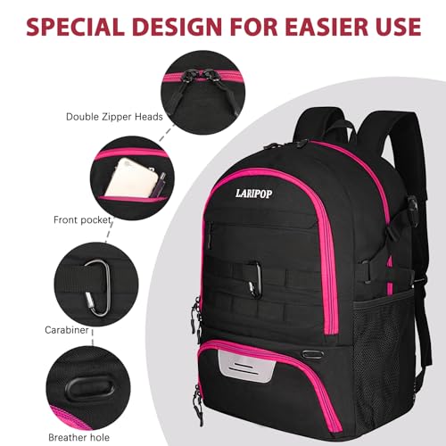 LARIPOP Soccer Backpack with Ball Holder & Shoe Compartment Large Capacity Youth Sports Bag for Training - color: Rose Red
