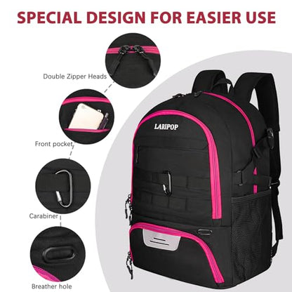 LARIPOP Soccer Backpack with Ball Holder & Shoe Compartment Large Capacity Youth Sports Bag for Training - color: Rose Red