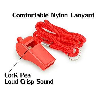 Red Emergency Whistles with Lanyard, Loud Crisp Sound Plastic Whistles Bulk Ideal for Outdoor Sport，Lifesaving，and Officials
