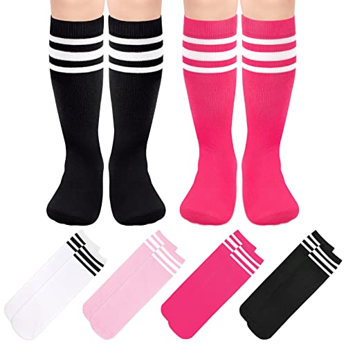 Sarfel 4 Pairs Youth Kids Toddler Soccer Socks Girls Boys Baseball Socks Kids Football Softball Accessories Team Sports - color: Black/White, White/Black, Pink/White, Rose/White, size: 9-12 Years