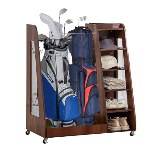 Wooden Golf Bag Organizer for Garage, Golf Storage Rack with 360° Wheels for Golf Bags, Clubs, Golf Accessories - color: Brown, size: 35 inch for 2 Golf Bags