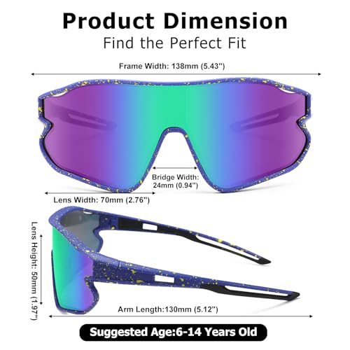 Kids Baseball Sunglasses - Youth Baseball Sunglasses for Boys Girls - Sports Softball Shades Age 6-14 - color: B3 Blue / Green Mirror