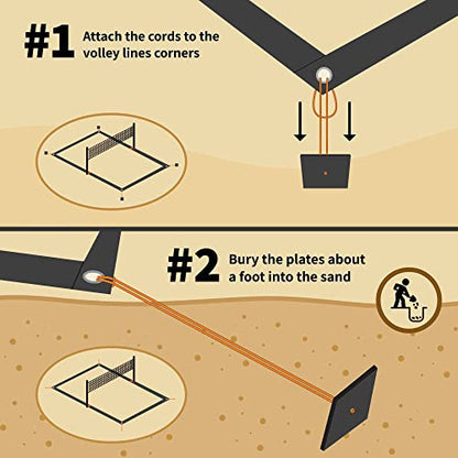 Beach Volleyball Sand Anchors - XLarge 6x6 inch Heavy Duty Plastic Boards + Elastic Thick Cord. Fits All Beach Volleyball Boundary Lines. 4 Pack (Lines not Included)