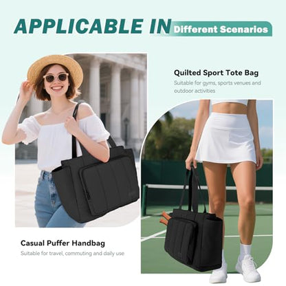 Chase Chic Pickleball Tote Bag for Women,Lightweight Puffer Quilted Pickle Ball Paddle Holder for Gym Sports - color: Black