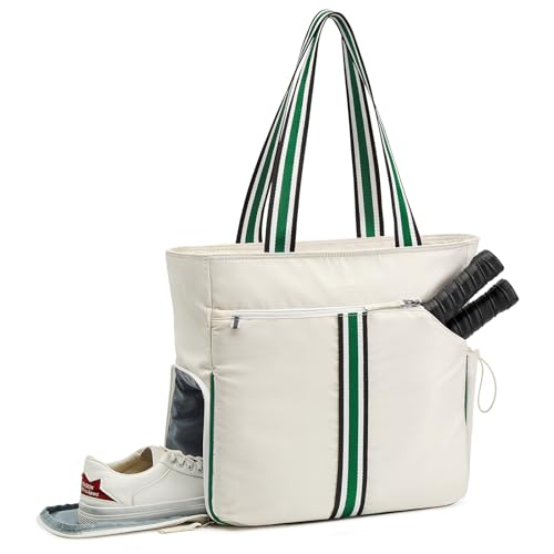 G4Free Pickleball Bag, Pickleball Tote Bag for Women Men, External Ball Bag with Shoe Compartment & Paddle Cover Pocket - color: Beige&green