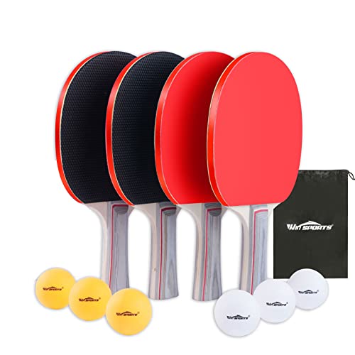 WIn SPORTS Ping Pong Paddle Set, Professional Table Tennis Racket Set with 6 Ping Pong Balls, Ping Pong Paddles 4 Player Set, Ping Pong Set Starter Kit