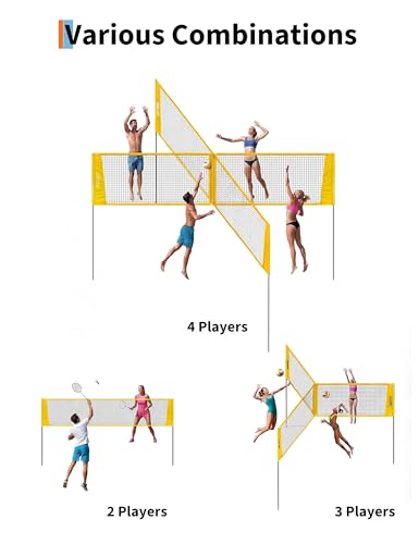 4 Square Volleyball Net Set with 3 Adjustable Heights, 14FT Cross PE System, Use in Backyard or Beach, Includes Ball, Pump, Carry Bag, Hammer, Outdoor Team Games, Black/Red - color: Yellow