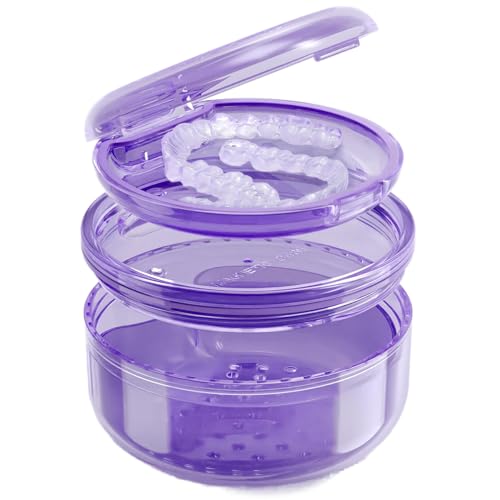 Denture Case Retainer Cleaning Case: 2 in 1 Retainer Case, No-Leak Denture Bath Box Cup, Complete Clean Care for Dentures, Clear Braces, Mouth Guard, Night Guard & Retainers - color: Purple