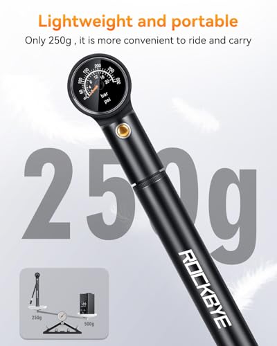 Onvian Portable Bike Pump with Gauge, 300 PSI High Pressure Bicycle Tire Pump & Shock Pump, Mini Hand Pump for Presta and Schrader Valve, Front Fork Rear Suspension, Air Bleed Button