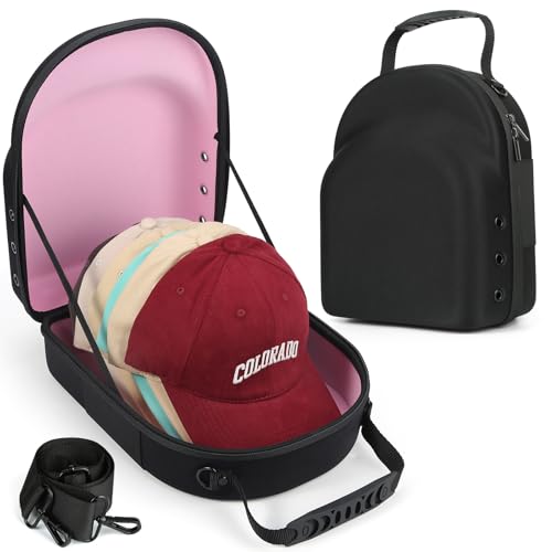GERMUN Hard baseball hat case, Hat Carrier Travel Case with Adjustable Shoulder Strap, Hat cap case for 6 Baseball Caps - Perfect for Traveling & At-Home Storage (Black with Pink) - color: Black with Pink