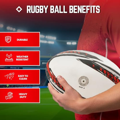 LUCA Rugby Ball Youth and Adult Sizes 3, 4 & 5 - Hand Stitched Super Grip Training Ball - Durable 3-Ply Waterproof Surface for College & Club Practice - color: Red, Black, White, size: 4