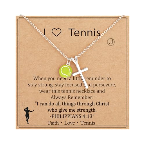 Gnamy Softball/Volleyball/Basketball/Soccer Necklace for Teen Girls Women, Gold/Silver Cross Pendant Sport Accessories Christian Religious Jewelry Gifts for Teens Kids Lovers - color: Silver, style: Tennis