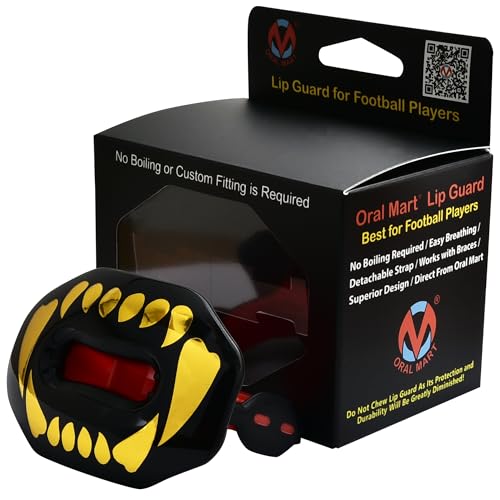 Oral Mart Flag Football Mouth Guard with 3D LipFit Design for Kids - Youth Football Mouthguard (No Boil) Cool Instant Fit Lip Guard Mouthpiece for Braces (Detachable Helmet Strap Included) - color: Golden Fangs