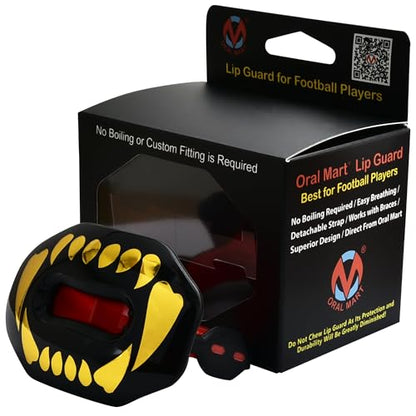 Oral Mart Flag Football Mouth Guard with 3D LipFit Design for Kids - Youth Football Mouthguard (No Boil) Cool Instant Fit Lip Guard Mouthpiece for Braces (Detachable Helmet Strap Included) - color: Golden Fangs