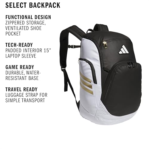 adidas Select Basketball Backpack for Practice, Gym and Travel, 32L - color: White/Black/Gold Metallic