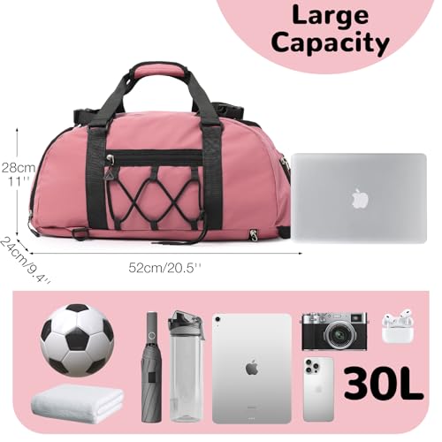 30L Gym Bag Backpack for Women, Convertible Sports Duffel Bag Backpack with Ball Storage & Shoe Compartment for Basketball Volleyball Soccer, Weekender Bags with Wet Pocket, Pink