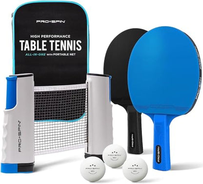 PRO-SPIN Portable Ping Pong Set with Retractable Ping Pong Net for Any Table, All-in-One Table Tennis Set with Ping Pong Paddles, Balls & Case, Table Top Family Game - color: 2-Player Ultra-Comfort Set | Blue/Black