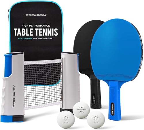 PRO-SPIN Portable Ping Pong Set with Retractable Ping Pong Net for Any Table, All-in-One Table Tennis Set with Ping Pong Paddles, Balls & Case, Table Top Family Game - color: 2-Player Ultra-Comfort Set | Blue/Black