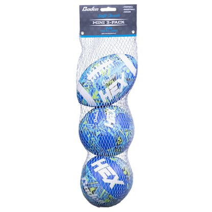 Baden | Hex | Soft Touch Mini 3-Pack | 4 inch Football, Soccer Ball, Football | Safe for Indoor Play | Blue/Lime