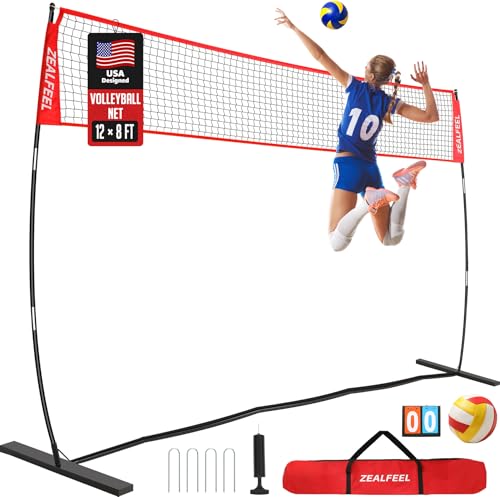 ZEALFEEL Volleyball Net, 12FT Training Set with 3-Level Adjustable Height (8'/7.4'/6.6'), Freestanding Portable Practice Net for Backyard, Serving & Spiking Drills, with Carry Bag for Outdoor & Indoor - style: 12FT Volleyball Net Set 3-Height Adjustable