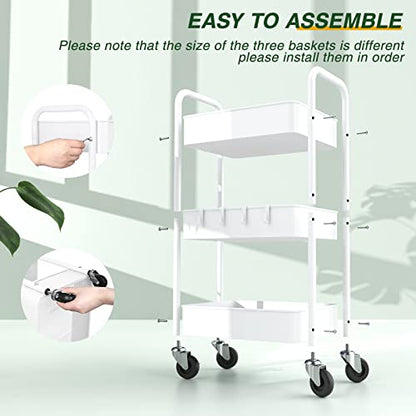 3 Tier Rolling Storage Cart, Metal Trolley Utility Cart with Wheels & Hooks, Easy Assembly Organizer Storage Cart for Bathroom Kitchen Office Bedroom