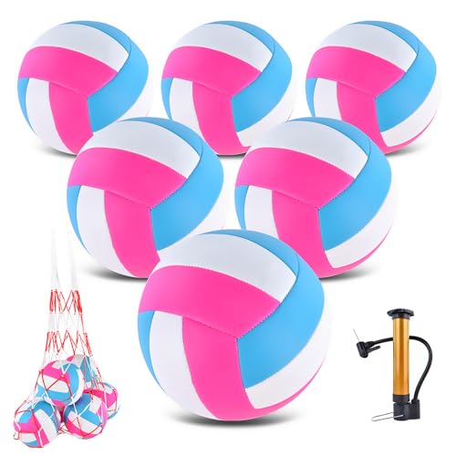 6 Pack Volleyballs Official Size 5, Soft Bulk Recreational Volley Balls with Pump and Net Bag for Indoor Outdoor Beach Pool Water Sand Game Training Match for Beginner - color: Pink