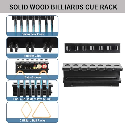 Pool Stick Holder Wall Mount for 7 Cues, Wooden Billiards Pool Cue Rack, Pool Cue Holder Pool Table Accessories Equipment Organizer, Pool Cue Rack Billiards Accessories for Game Room Men Cave- Black - size: Standard