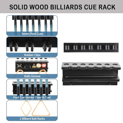 Pool Stick Holder Wall Mount for 7 Cues, Wooden Billiards Pool Cue Rack, Pool Cue Holder Pool Table Accessories Equipment Organizer, Pool Cue Rack Billiards Accessories for Game Room Men Cave- Black - size: Standard