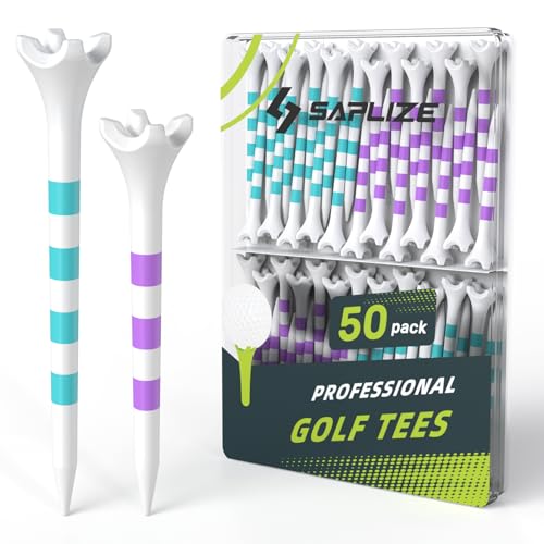 SAPLIZE Upgraded 4-Prong Golf Tees Plastic, 50/100/120/200 Pack (1-1/2", 2-3/4'', 3-1/4"), Engineered to Reduce Friction & Side Spin, Unique Golf Gifts for Golfers - color: Purple (25pcs, 2-3/4") & Green (25pcs, 3-1/4")