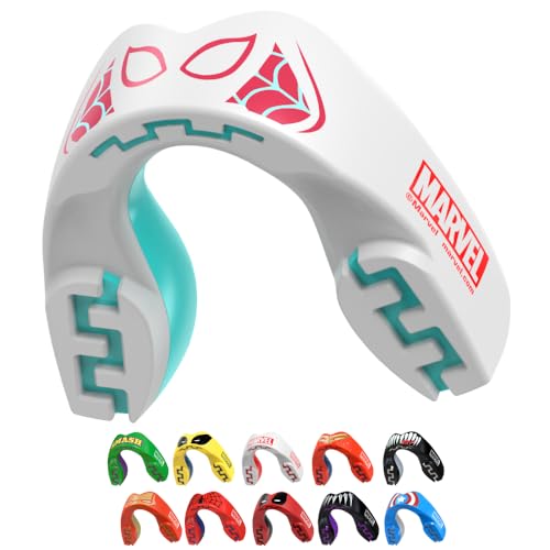 Marvel Spider-Gwen Mouth Guard, Dual Layer Mouthguard for Youth with Case, Easy Fit Remoldable Mouthpiece for Football, Boxing, Lacrosse, MMA, Basketball & All Contact Sports (Kids <11 Years, White) - color: Spider-gwen, size: Junior (up to 11 Year)