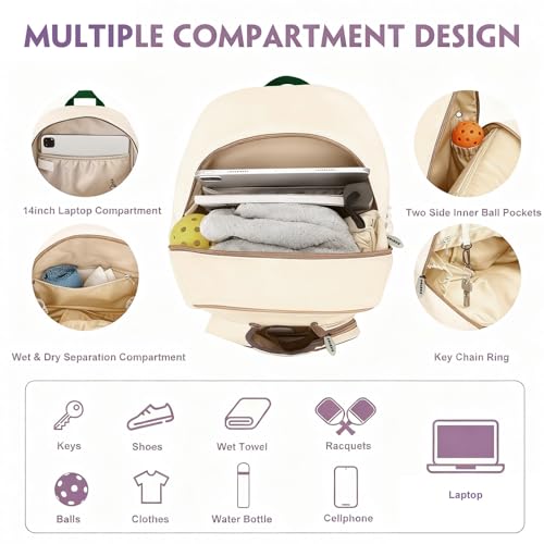 Pickleball Bags, 30L Deluxe Waterproof Pickleball Backpack with Shoe Compartment for Men Women Pickle Ball Gift Accessories for Pickball Lovers (Beige) - color: Beige