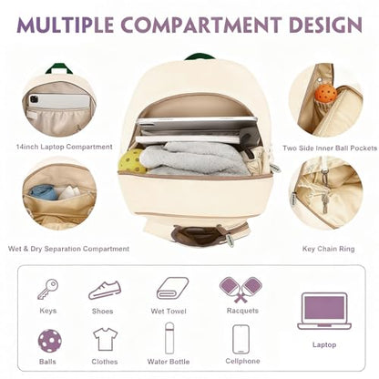 Pickleball Bags, 30L Deluxe Waterproof Pickleball Backpack with Shoe Compartment for Men Women Pickle Ball Gift Accessories for Pickball Lovers (Beige) - color: Beige