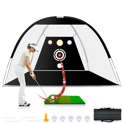 Golf Net - Upgraded All-in-One 10x7ft Golf Practice Net with 5 Real Balls, Tri-Turf Mat and Portable Bag, Durable Hitting Nets for Backyard Driving Swing Outdoor