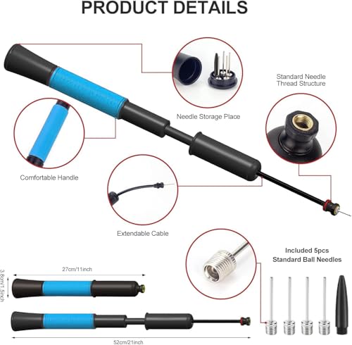Ball Pump with Needle Storage(Never Lose Pin) Basketball Pump with 5 Needles and Extendable Cable, Soccer Football Pumps, Volleyball Pump Rugby Ball Inflator - Great for All Balls - color: Blue