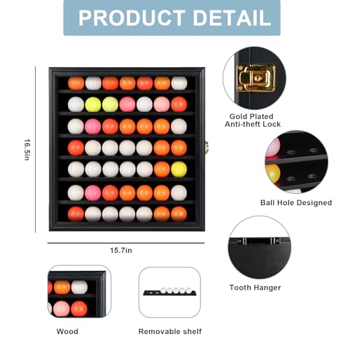 KCRasan 49 Golf Ball Display Case Lockable - Golf Ball Holder Gift for Golf Enthusiasts - Golf Ball Display Rack Cabinet for Wall Mount Real Glass Door, Black