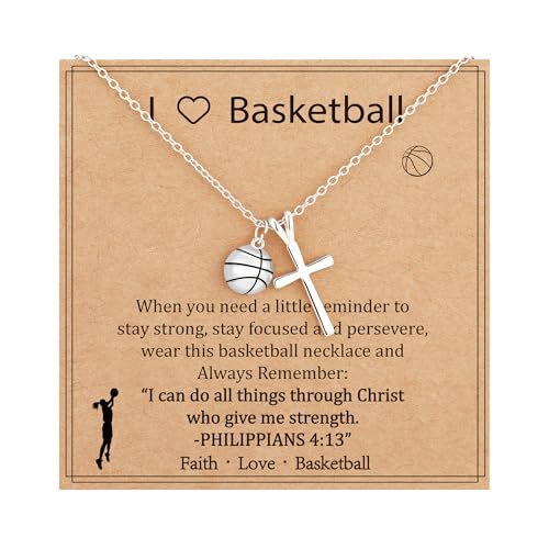 Gnamy Softball/Volleyball/Basketball/Soccer Necklace for Teen Girls Women, Gold/Silver Cross Pendant Sport Accessories Christian Religious Jewelry Gifts for Teens Kids Lovers - color: Silver, style: Basketball