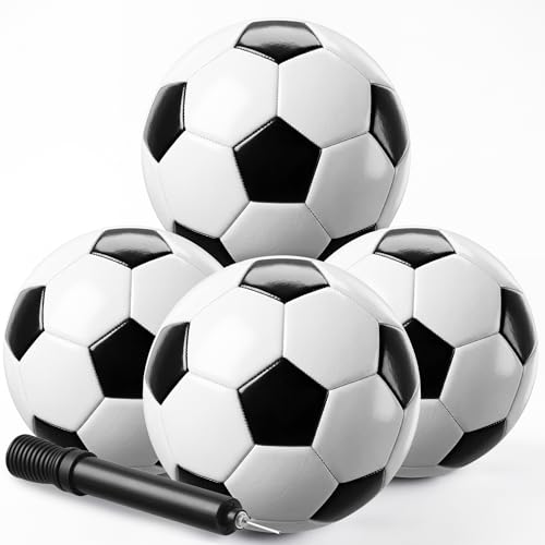 PlayBolt Soccer Ball Size 4 with Pump - Black & White Training Practice & Match Ball for Kids, Youth and Adults (Pack of 1 or 4)