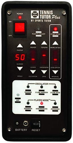 Tennis Tutor Plus Player Ball Machine with Multi-Function Remote. Variable TOPSPIN and Backspin. Patented 'Player Mode' simulates a Real Player. Made in USA by #1 Tennis Machine Company.