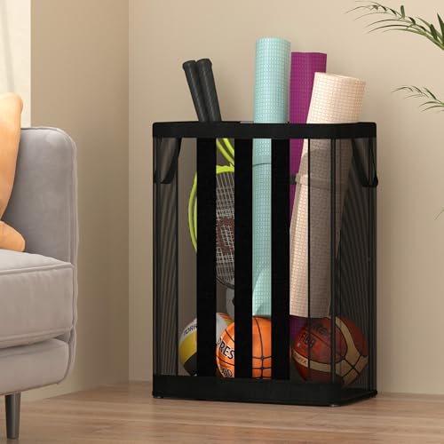 STO STO Ball Storage Basket, Wall-Mounted or Freestanding Garage Ball Organizer Holder, Holds up to 15 Balls, Sports Equipment Organizer with Elastic Front Access for Garage, Gym, Playroom, Black