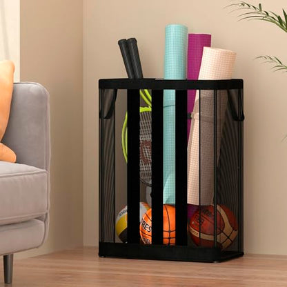 STO STO Ball Storage Basket, Wall-Mounted or Freestanding Garage Ball Organizer Holder, Holds up to 15 Balls, Sports Equipment Organizer with Elastic Front Access for Garage, Gym, Playroom, Black
