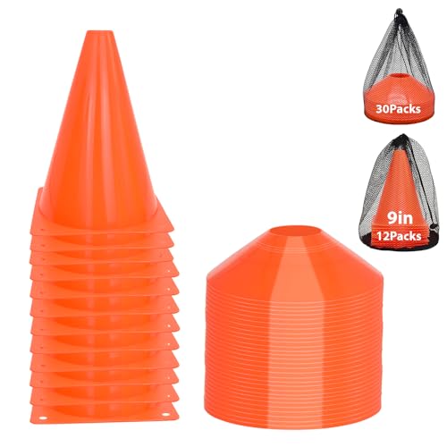 Soccer Cones Set, 84/42Pcs 7"/9" Cones Sports + Disc Cones, Cones for Sports with Carry Bag, Training Cones, Soccer Cones for Training, Plastic Soccer Cones for Drills - color: 9" traffic corn, Orange-A