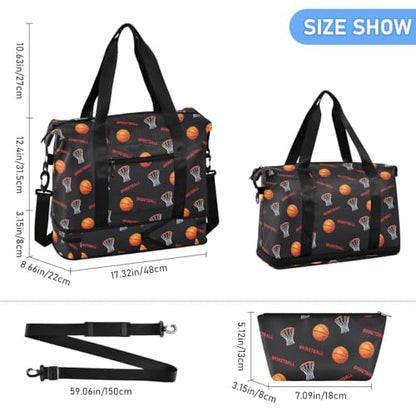 ALAZA Basketball Net Black Travel Duffel Bag Tote Bag Multi Compartment Weekender Overnight Bag with Wet Pocket for Travel Men Women