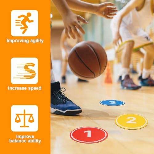10PCS Anti-Slip Spot Markers Floor Spots,9 Inch Poly Spot Markers with Bag,Round Flat Floor Markers with Football,Basketball Training, Sport Activities and Exercise