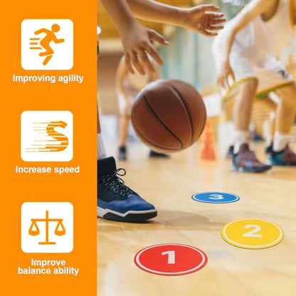 10PCS Anti-Slip Spot Markers Floor Spots,9 Inch Poly Spot Markers with Bag,Round Flat Floor Markers with Football,Basketball Training, Sport Activities and Exercise