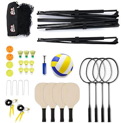 Complete Badminton Sets (10FT/17FT) Adjustable Width, Adjustable Height (2.8/5.1/7.4FT), Badminton Pickleball Volleyball Set with Net, 4Racket+4Paddels+Volleyball for Outdoor Family Game.